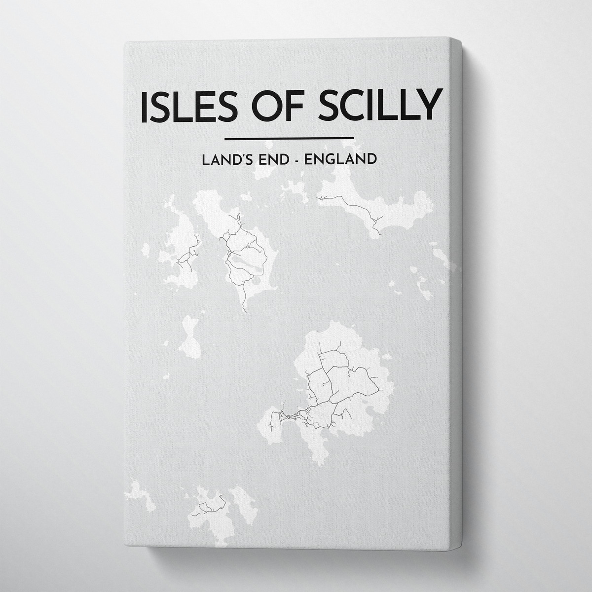 Isles of Scilly City Map Canvas Wrap - Point Two Design - Black &amp; White Print