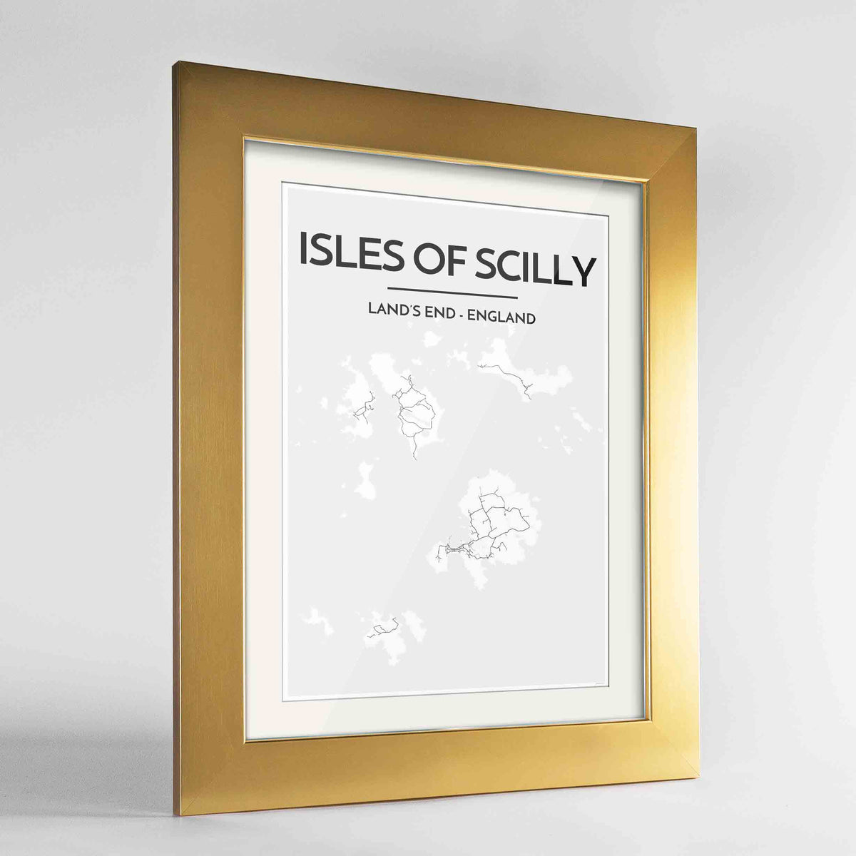 Framed Isles of Scilly Map Art Print 24x36&quot; Gold frame Point Two Design Group