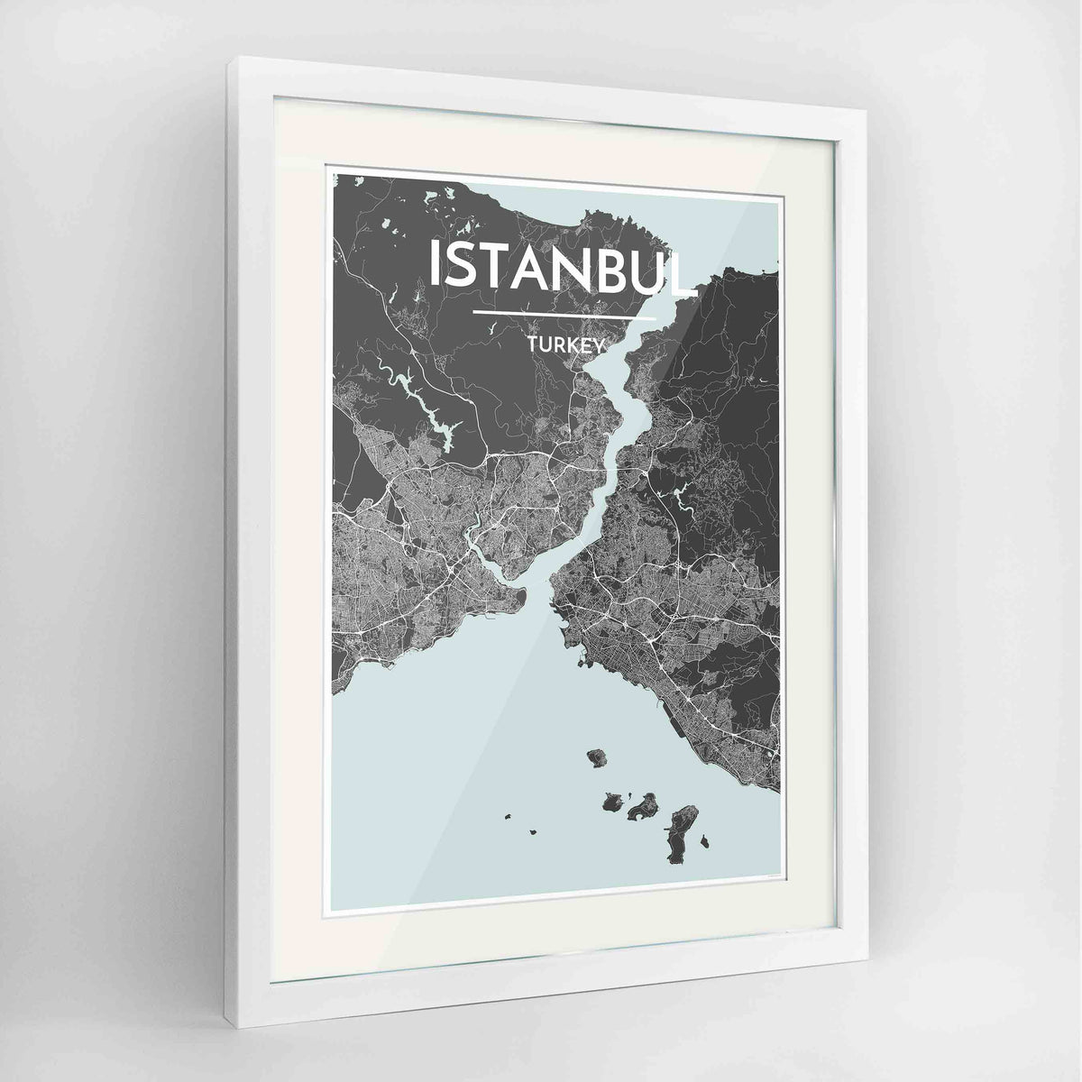 Framed Istanbul Map Art Print 24x36&quot; Contemporary White frame Point Two Design Group