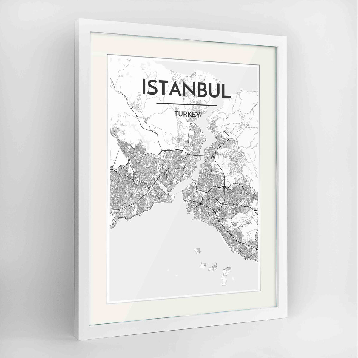 Framed Istanbul Map Art Print 24x36&quot; Contemporary White frame Point Two Design Group