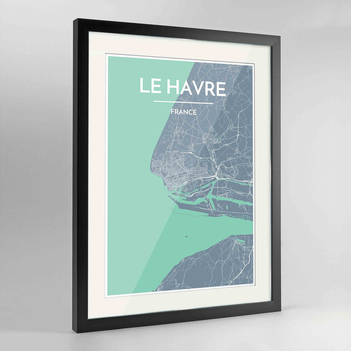 Framed Le Havre Map Art Print 24x36&quot; Contemporary Black frame Point Two Design Group