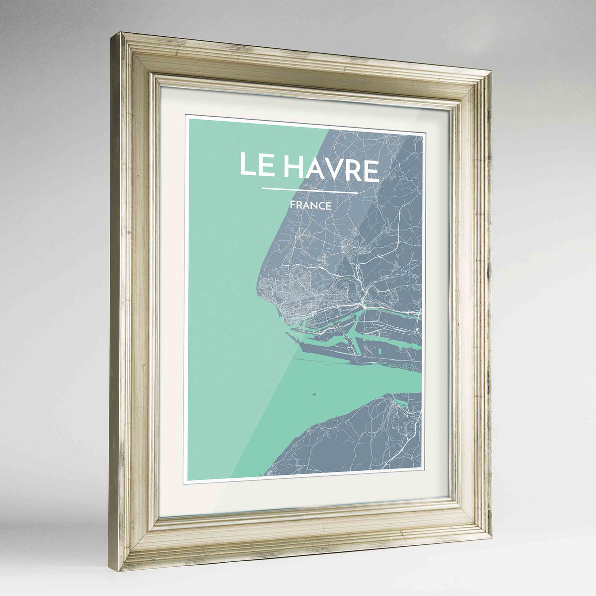 Framed Le Havre Map Art Print 24x36&quot; Champagne frame Point Two Design Group