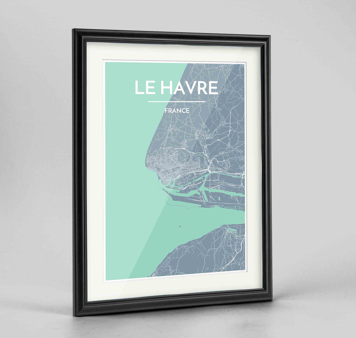 Framed Le Havre Map Art Print 24x36&quot; Traditional Black frame Point Two Design Group