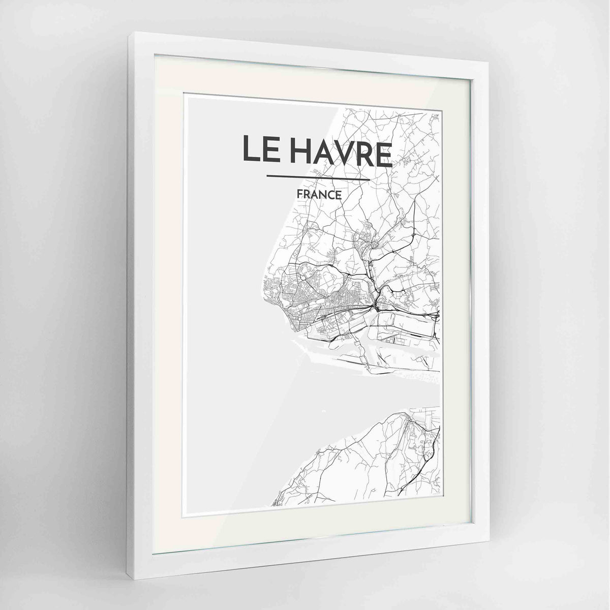Framed Le Havre Map Art Print 24x36&quot; Contemporary White frame Point Two Design Group