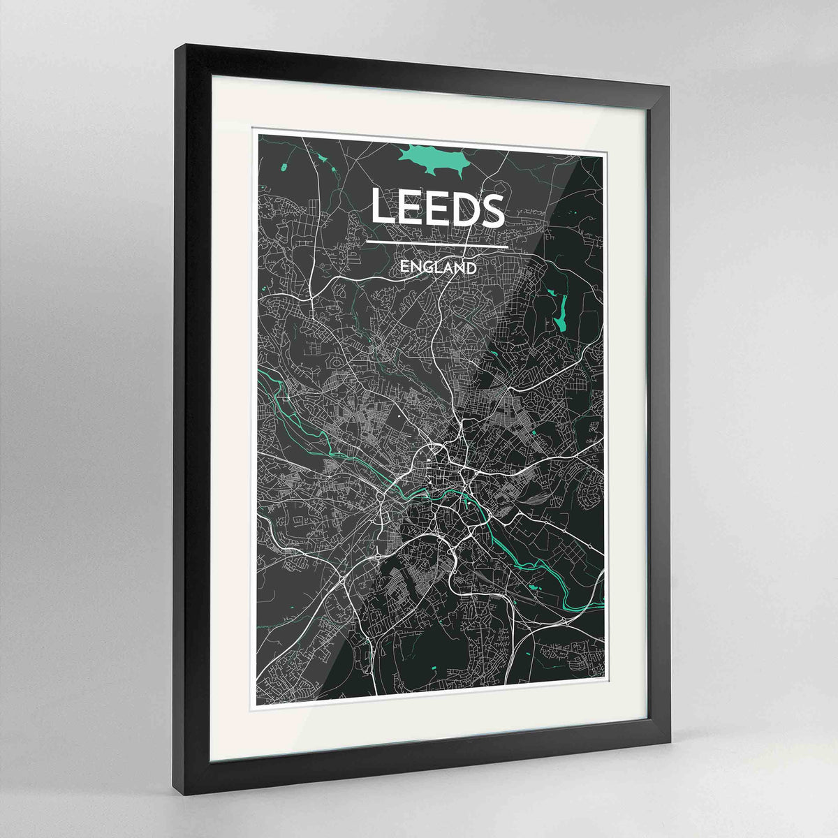 Framed Leeds Map Art Print 24x36&quot; Contemporary Black frame Point Two Design Group