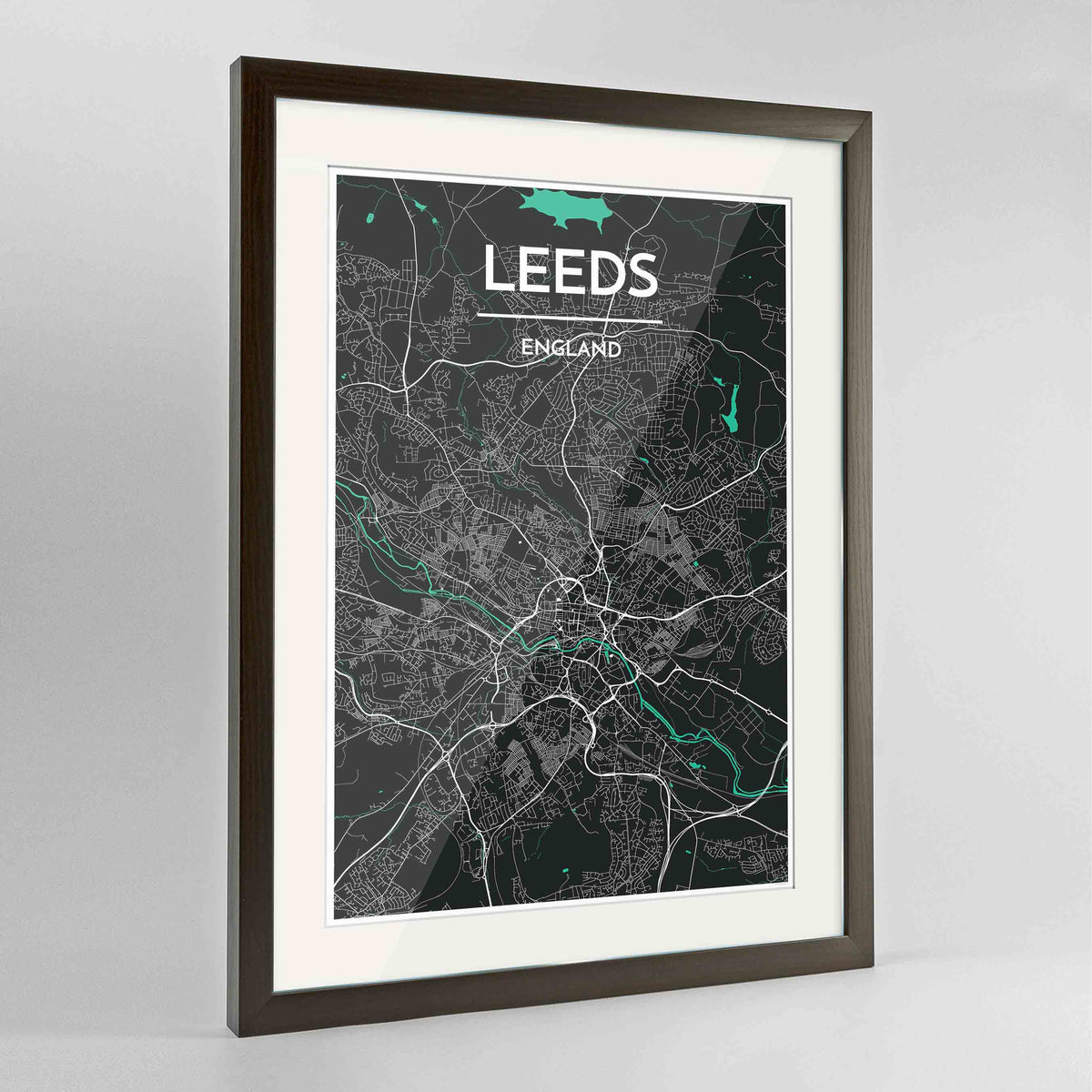 Framed Leeds Map Art Print 24x36&quot; Contemporary Walnut frame Point Two Design Group