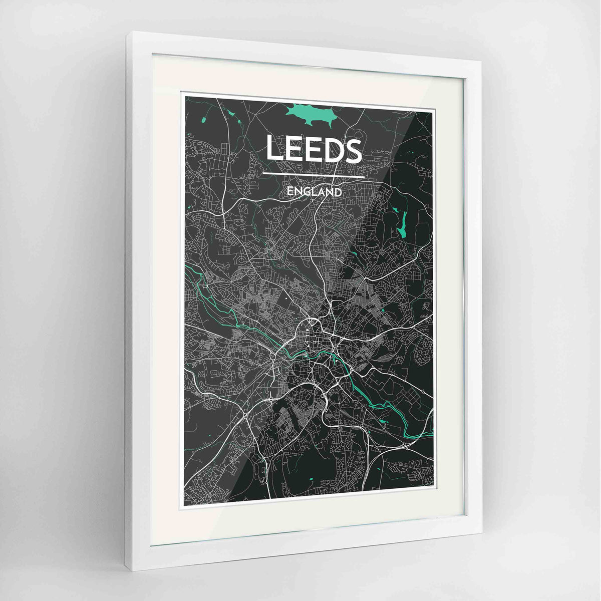 Framed Leeds Map Art Print 24x36&quot; Contemporary White frame Point Two Design Group