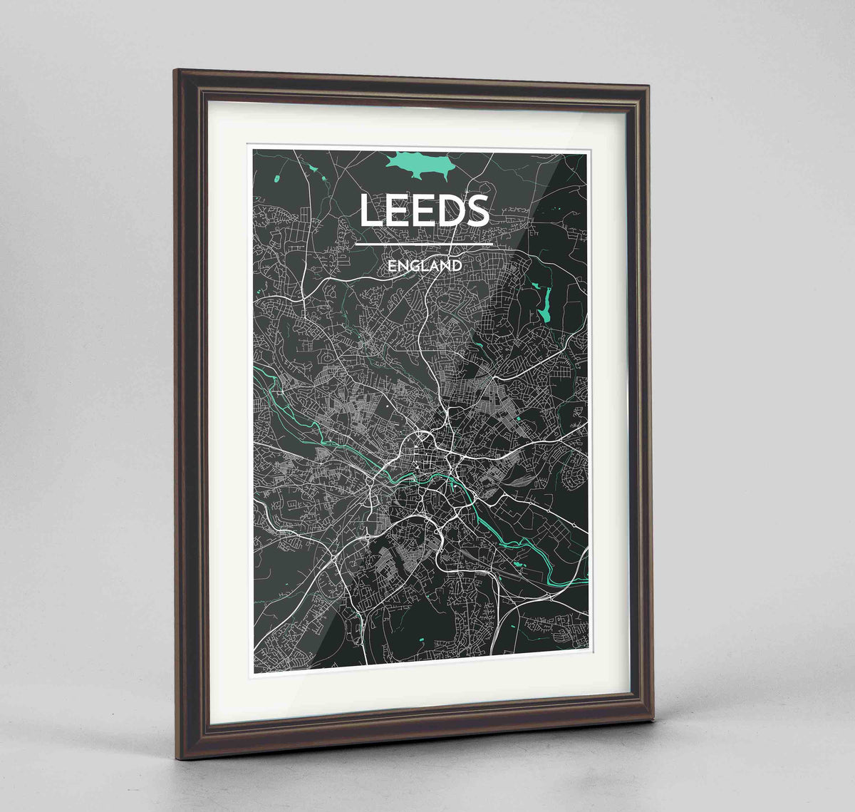 Framed Leeds Map Art Print 24x36&quot; Traditional Walnut frame Point Two Design Group