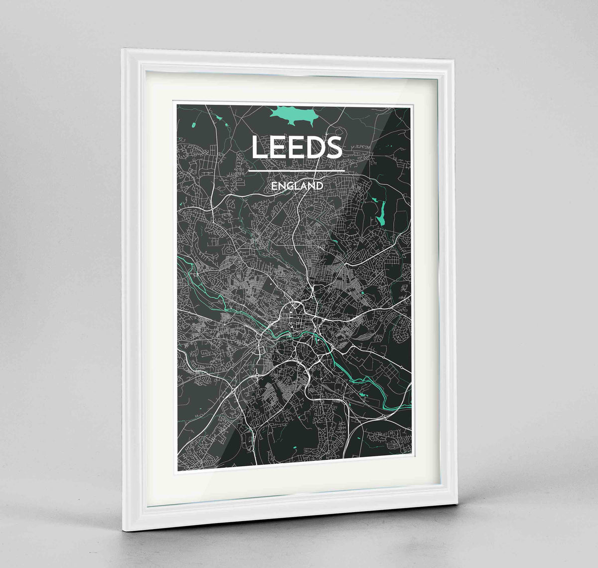 Framed Leeds Map Art Print 24x36&quot; Traditional White frame Point Two Design Group