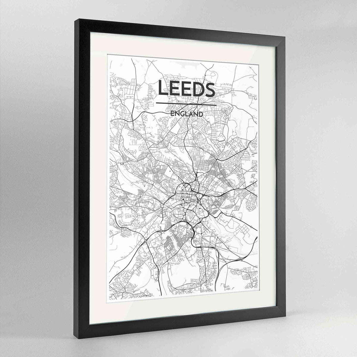 Framed Leeds Map Art Print 24x36&quot; Contemporary Black frame Point Two Design Group
