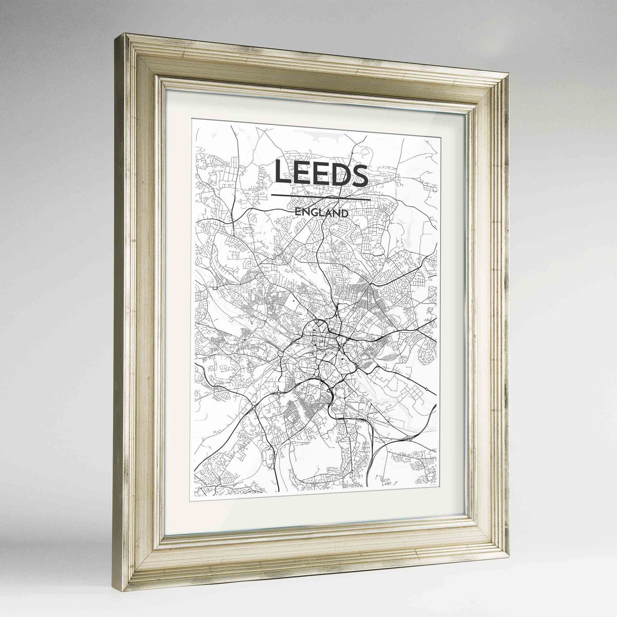 Framed Leeds Map Art Print 24x36&quot; Champagne frame Point Two Design Group