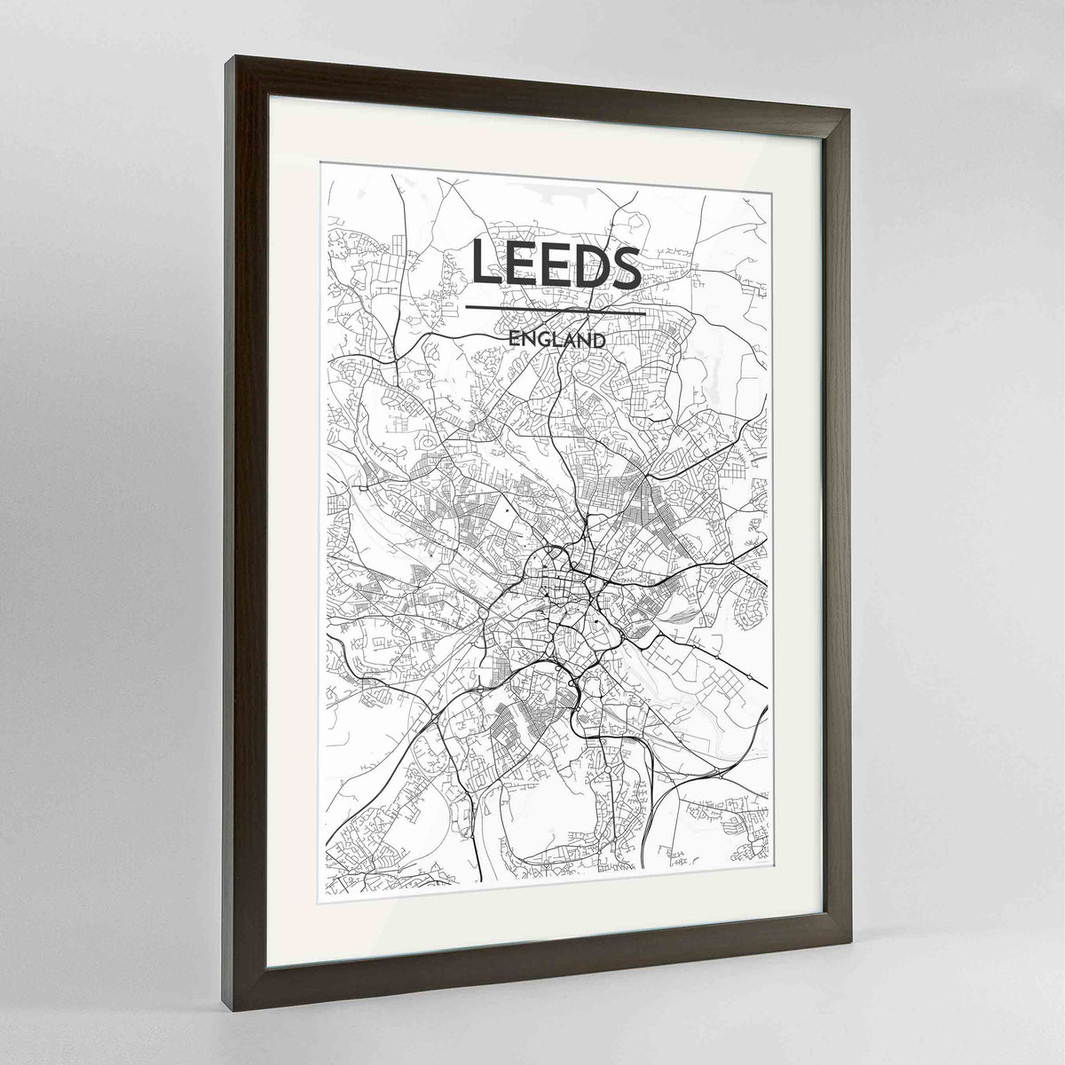 Framed Leeds Map Art Print 24x36&quot; Contemporary Walnut frame Point Two Design Group