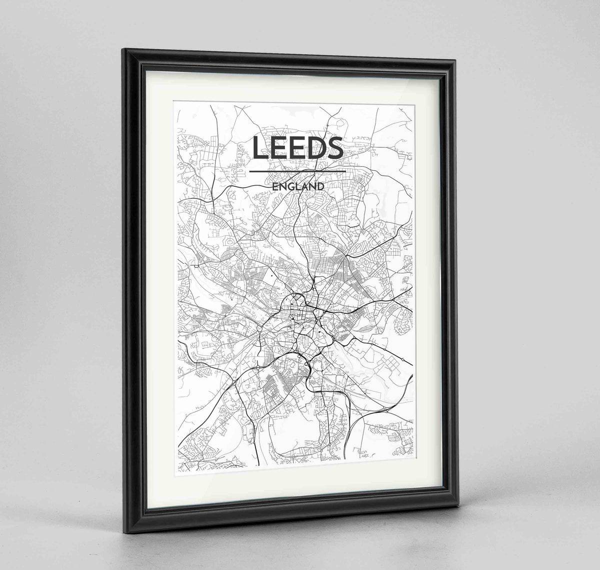Framed Leeds Map Art Print 24x36&quot; Traditional Black frame Point Two Design Group