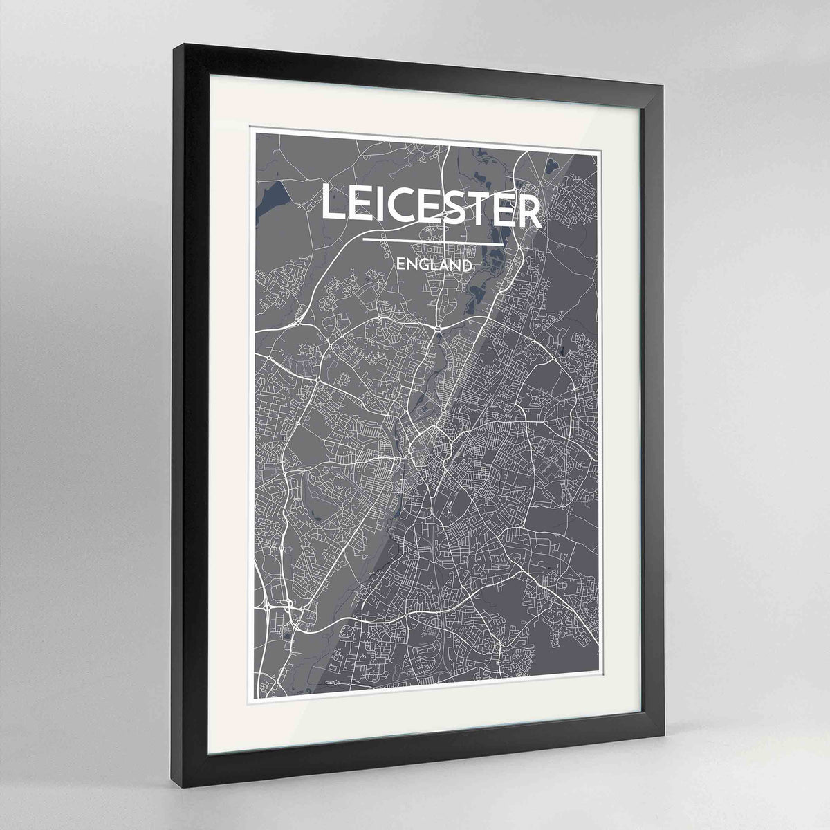 Framed Leicester Map Art Print 24x36&quot; Contemporary Black frame Point Two Design Group