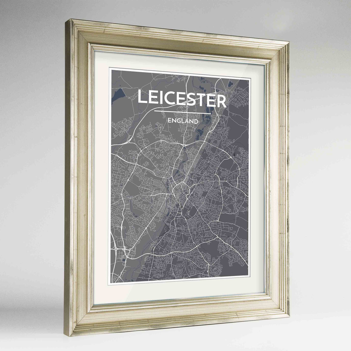 Framed Leicester Map Art Print 24x36&quot; Champagne frame Point Two Design Group