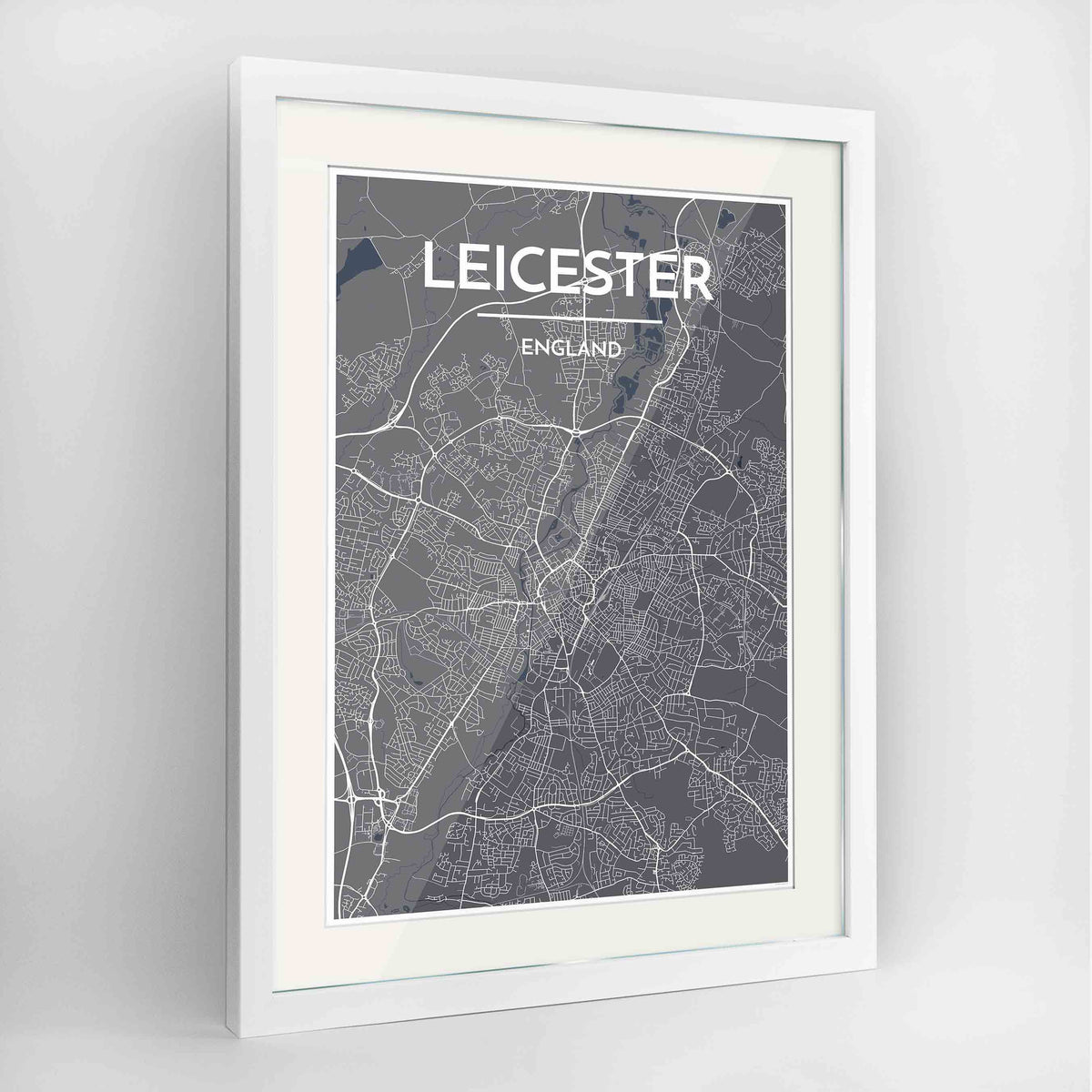 Framed Leicester Map Art Print 24x36&quot; Contemporary White frame Point Two Design Group