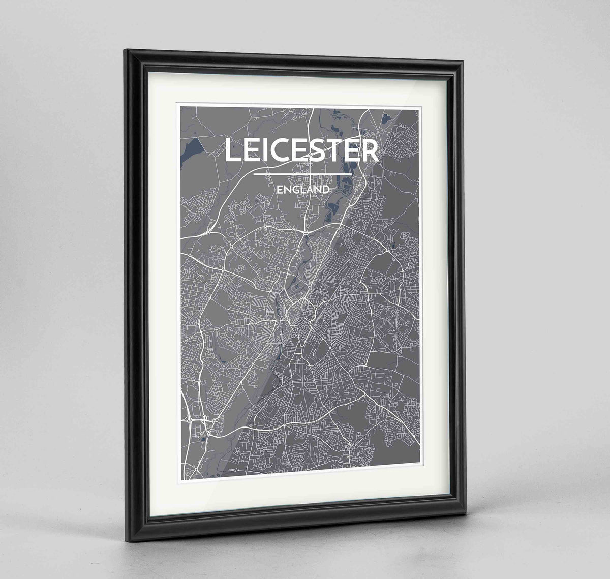 Framed Leicester Map Art Print 24x36&quot; Traditional Black frame Point Two Design Group