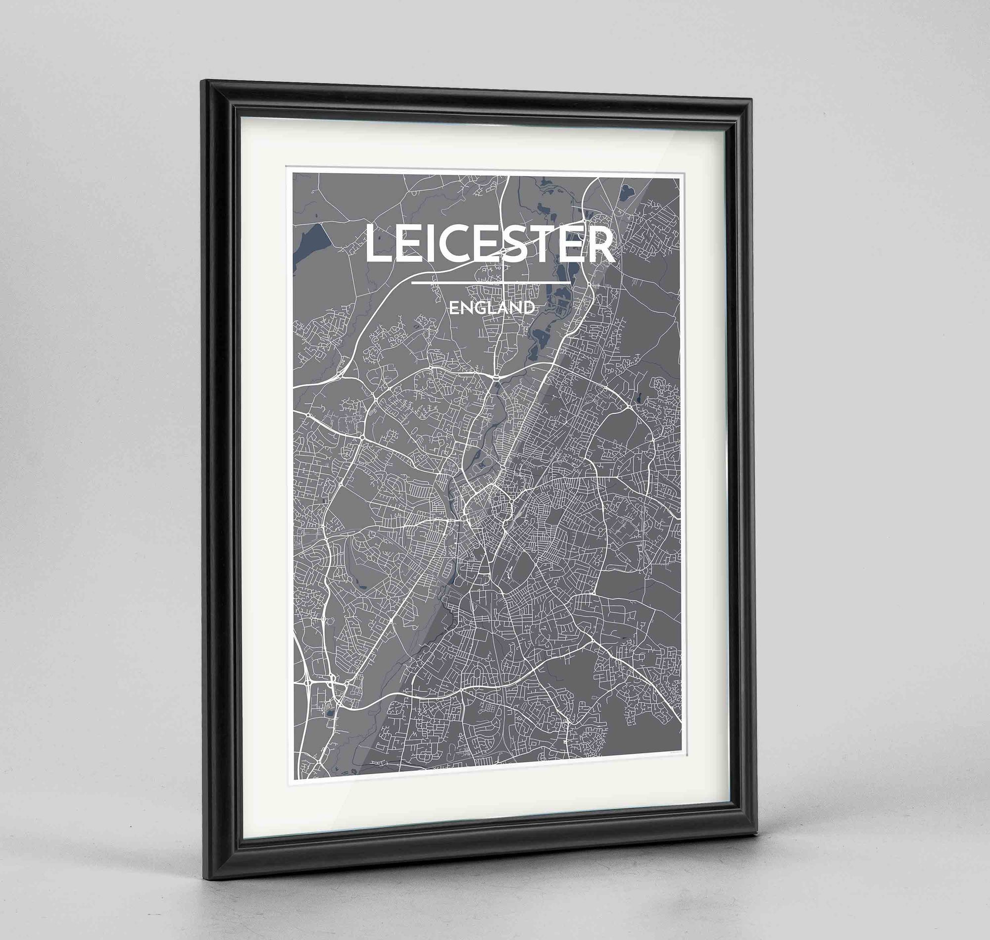 Framed Leicester Map Art Print 24x36" Traditional Black frame Point Two Design Group