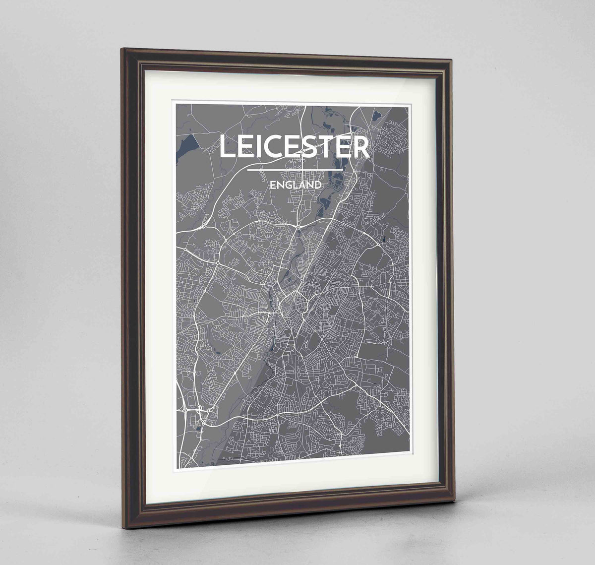 Framed Leicester Map Art Print 24x36&quot; Traditional Walnut frame Point Two Design Group