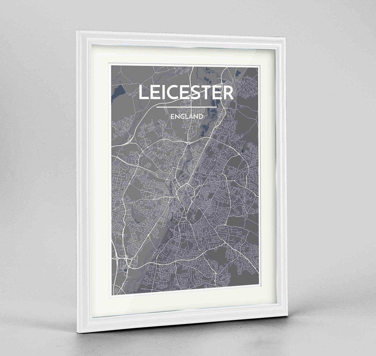 Framed Leicester Map Art Print 24x36&quot; Traditional White frame Point Two Design Group