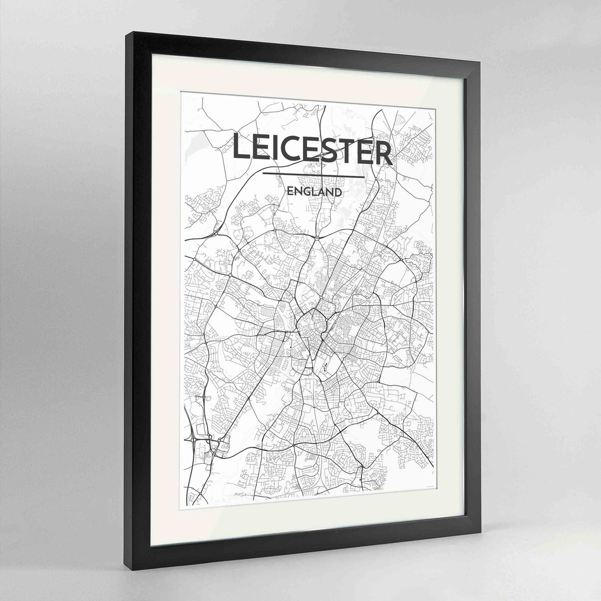 Framed Leicester Map Art Print 24x36&quot; Contemporary Black frame Point Two Design Group