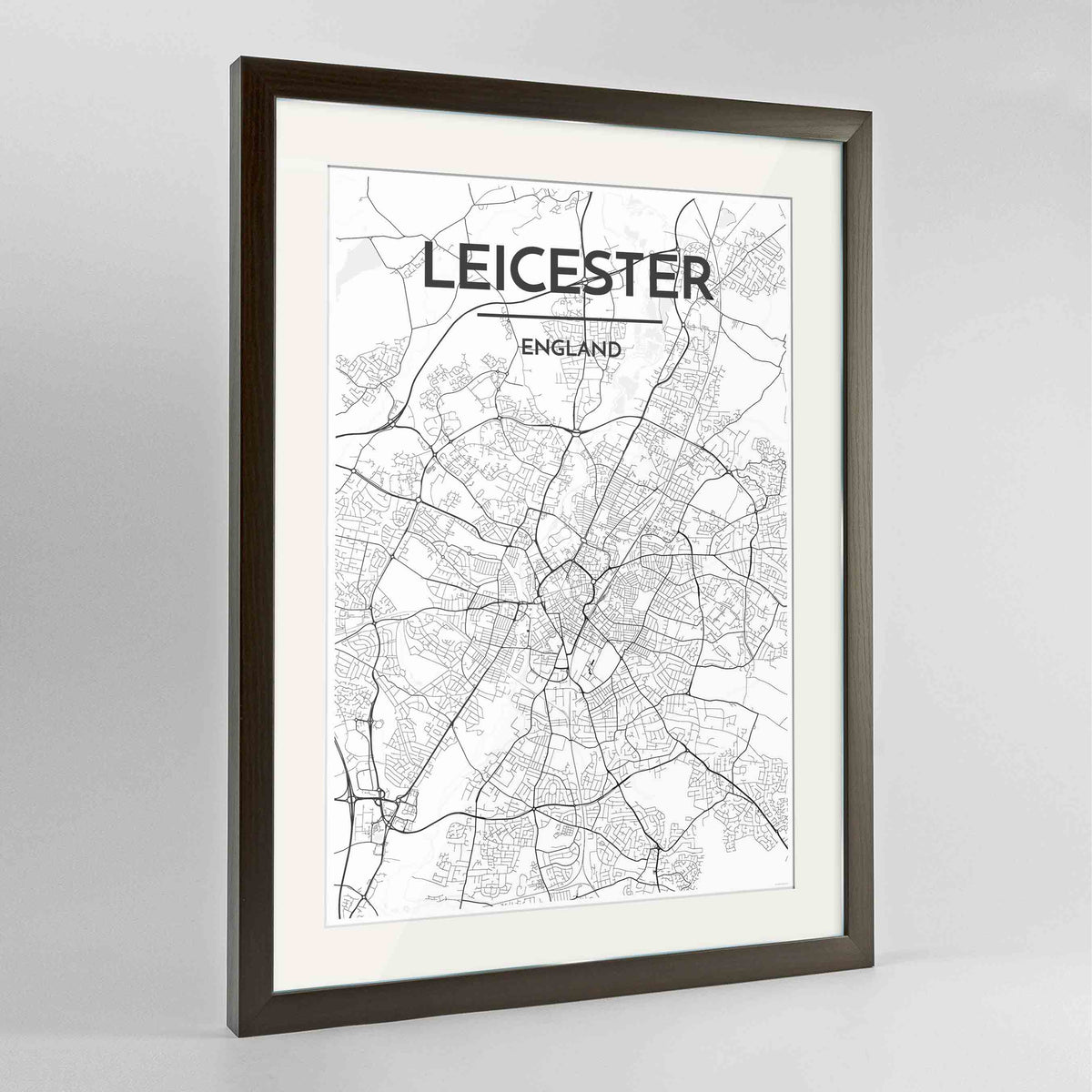 Framed Leicester Map Art Print 24x36&quot; Contemporary Walnut frame Point Two Design Group