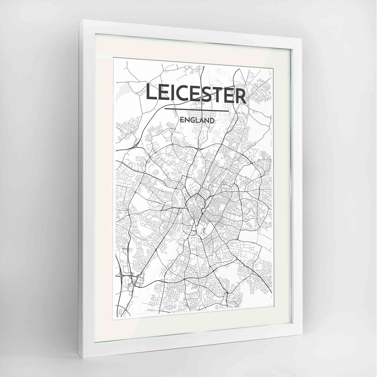 Framed Leicester Map Art Print 24x36&quot; Contemporary White frame Point Two Design Group
