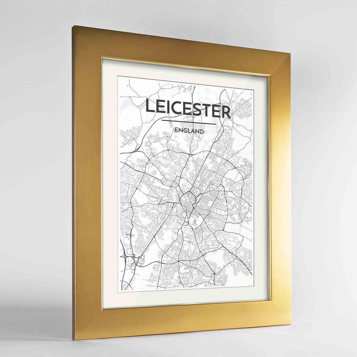 Framed Leicester Map Art Print 24x36&quot; Gold frame Point Two Design Group