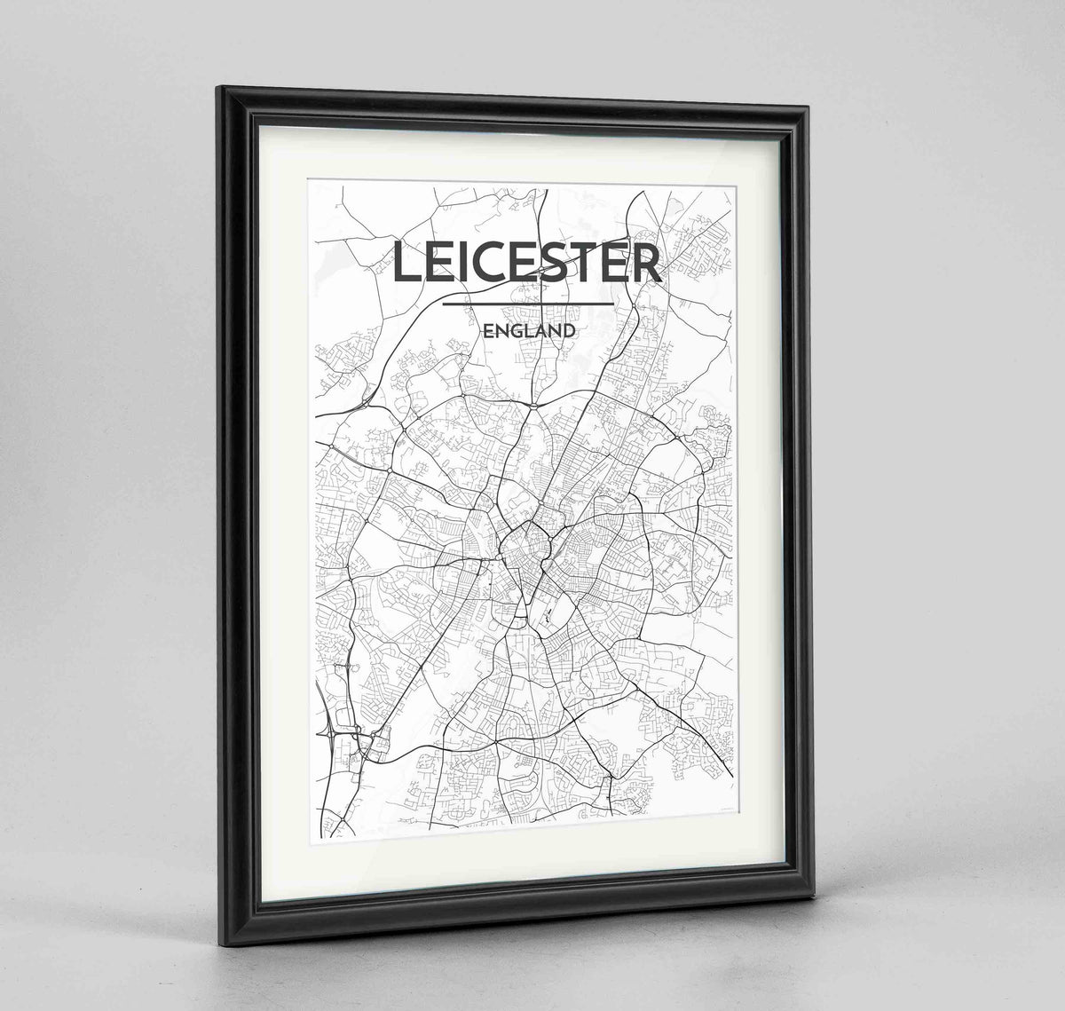 Framed Leicester Map Art Print 24x36&quot; Traditional Black frame Point Two Design Group