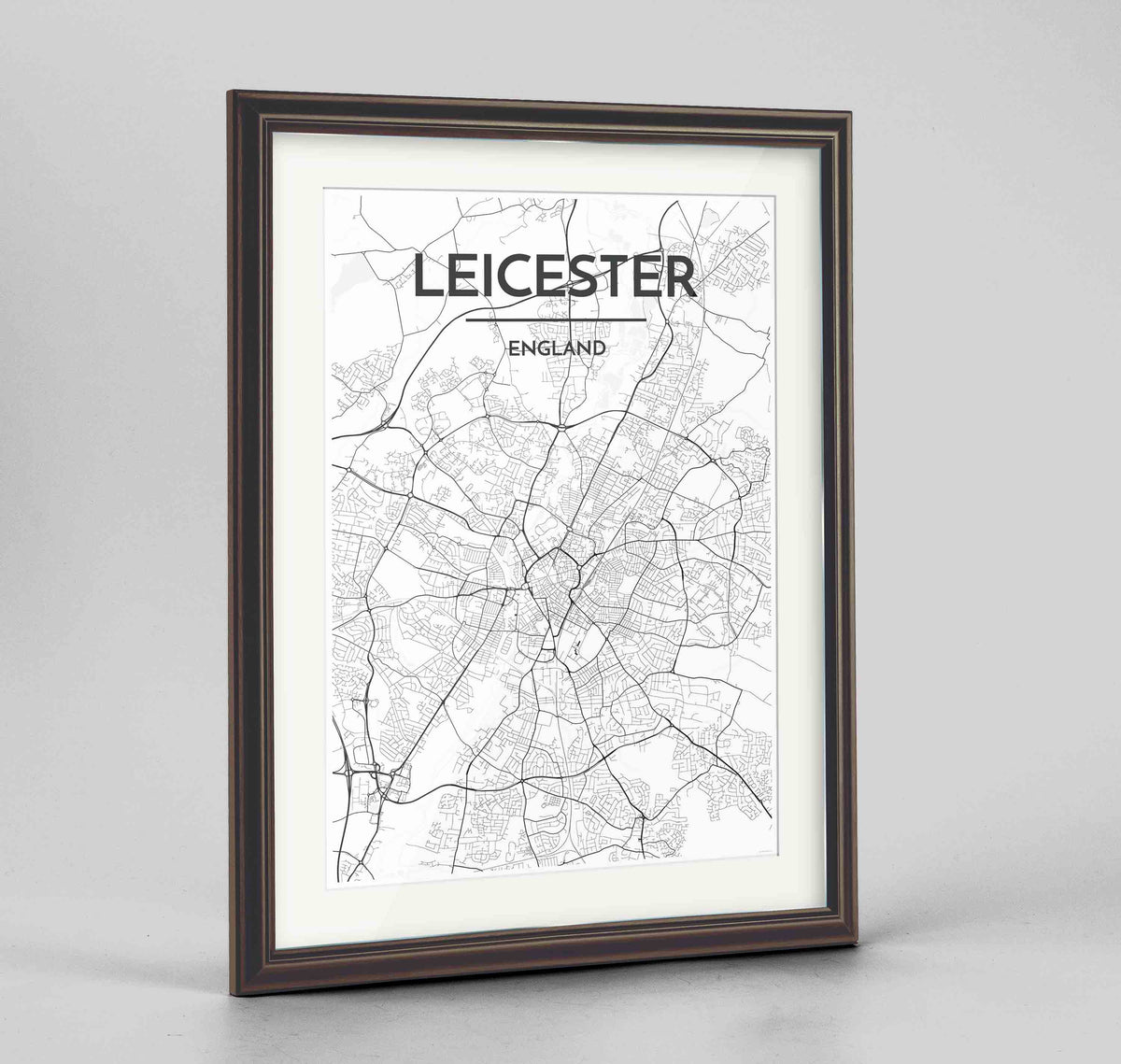 Framed Leicester Map Art Print 24x36&quot; Traditional Walnut frame Point Two Design Group