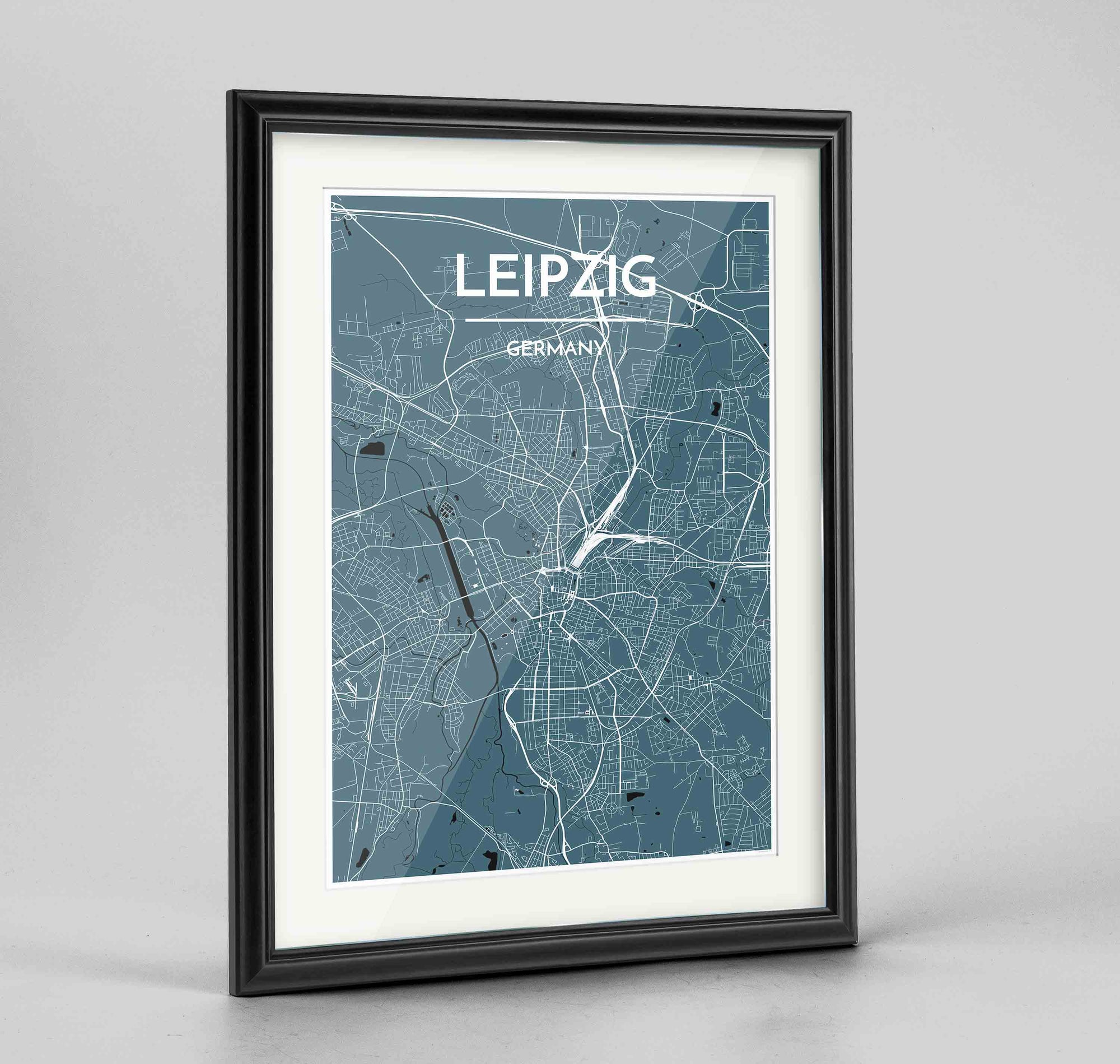 Framed Leipzig Map Art Print 24x36" Traditional Black frame Point Two Design Group