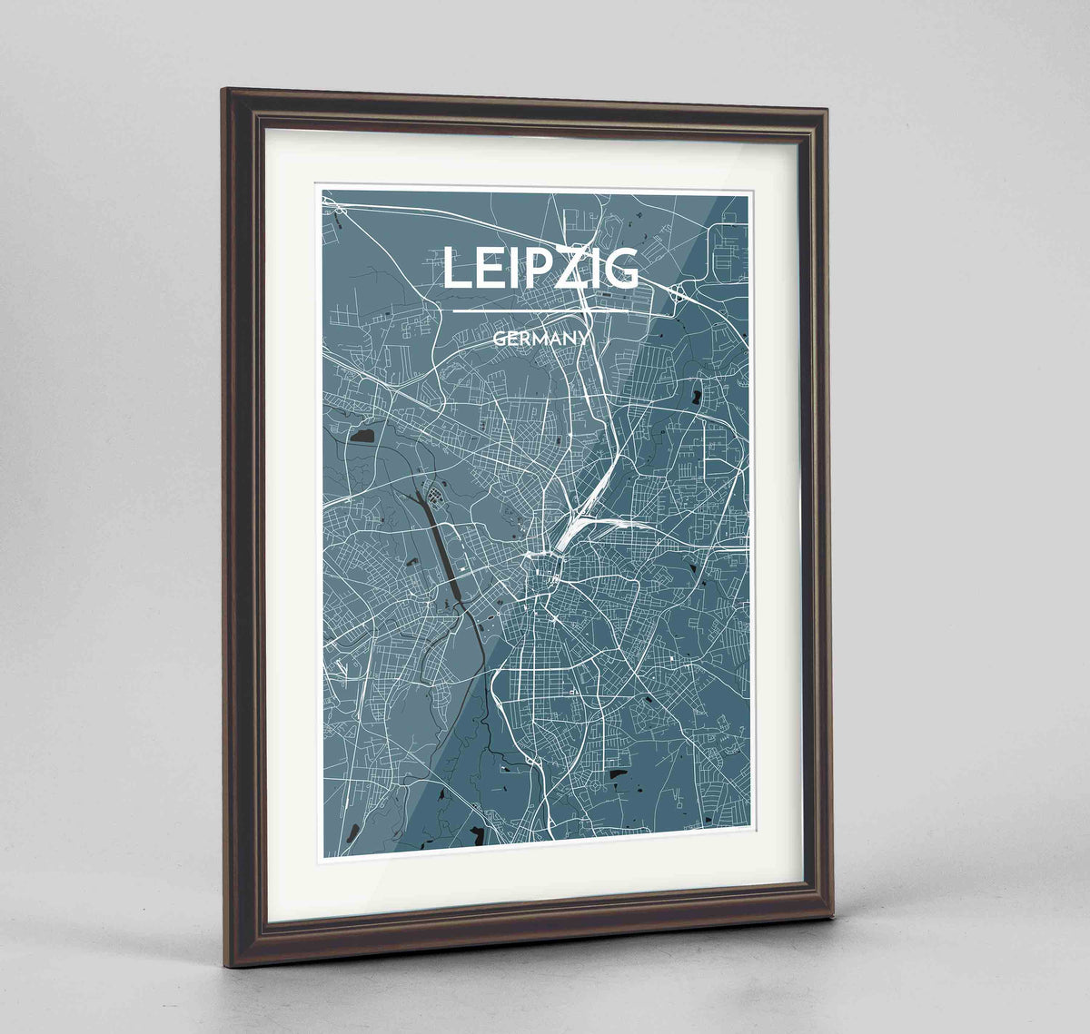 Framed Leipzig Map Art Print 24x36&quot; Traditional Walnut frame Point Two Design Group
