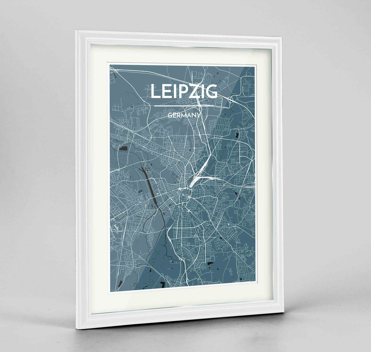 Framed Leipzig Map Art Print 24x36&quot; Traditional White frame Point Two Design Group