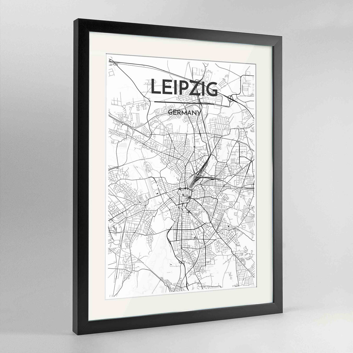 Framed Leipzig Map Art Print 24x36&quot; Contemporary Black frame Point Two Design Group
