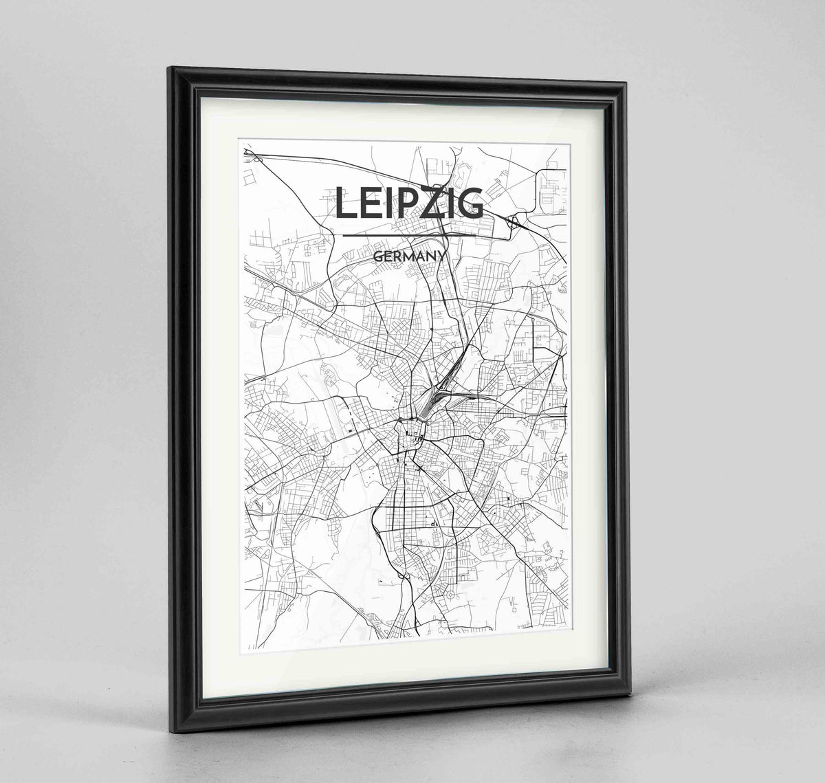 Framed Leipzig Map Art Print 24x36&quot; Traditional Black frame Point Two Design Group