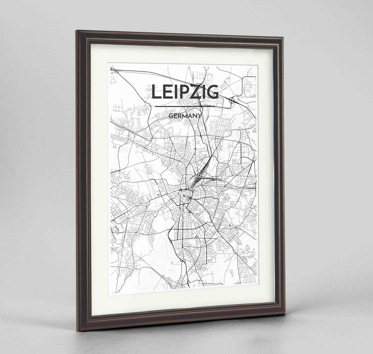 Framed Leipzig Map Art Print 24x36&quot; Traditional Walnut frame Point Two Design Group