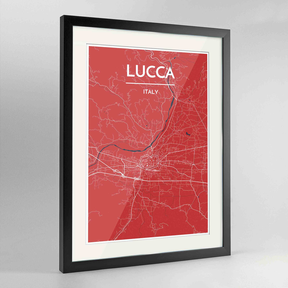 Framed Lucca Map Art Print 24x36&quot; Contemporary Black frame Point Two Design Group