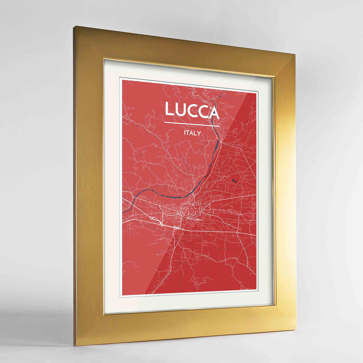 Framed Lucca Map Art Print 24x36&quot; Gold frame Point Two Design Group