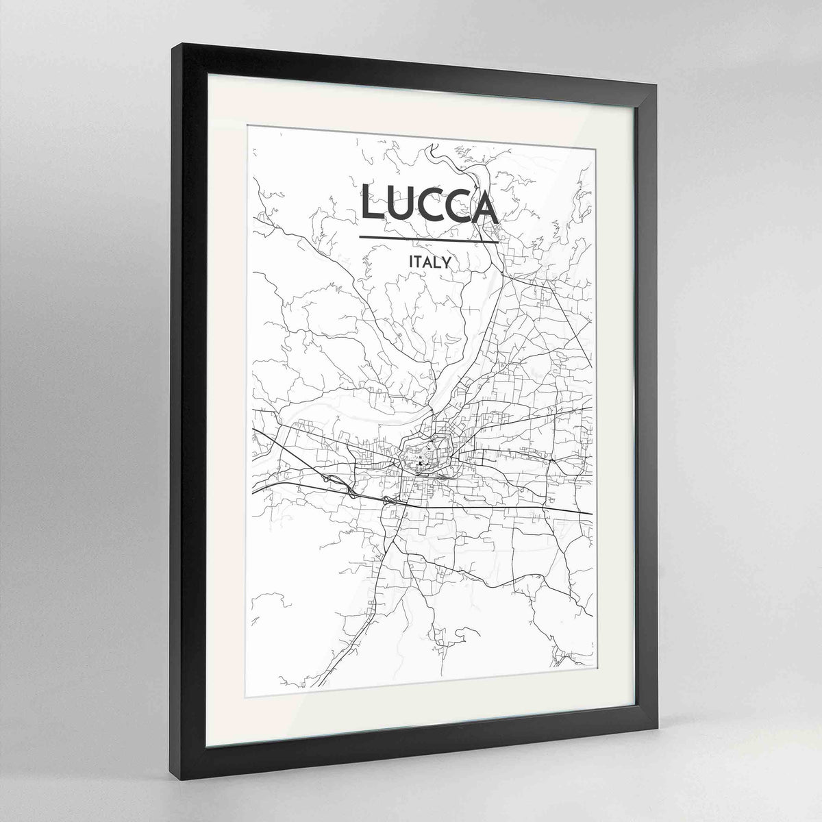 Framed Lucca Map Art Print 24x36&quot; Contemporary Black frame Point Two Design Group