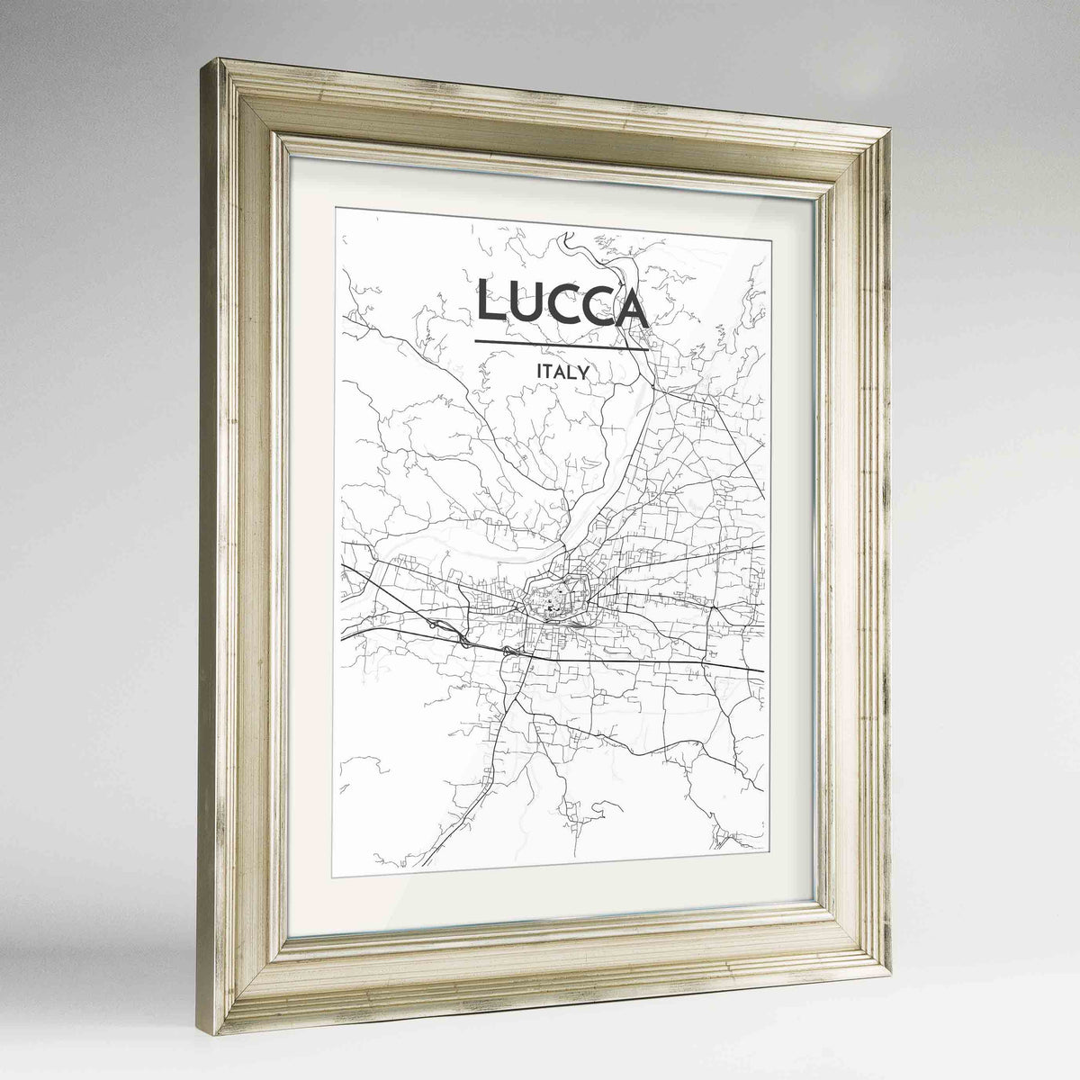 Framed Lucca Map Art Print 24x36&quot; Champagne frame Point Two Design Group