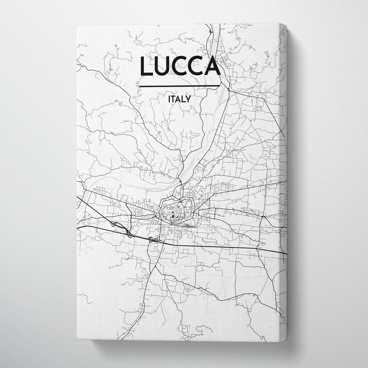 Lucca City Map Canvas Wrap - Point Two Design - Black &amp; White Print