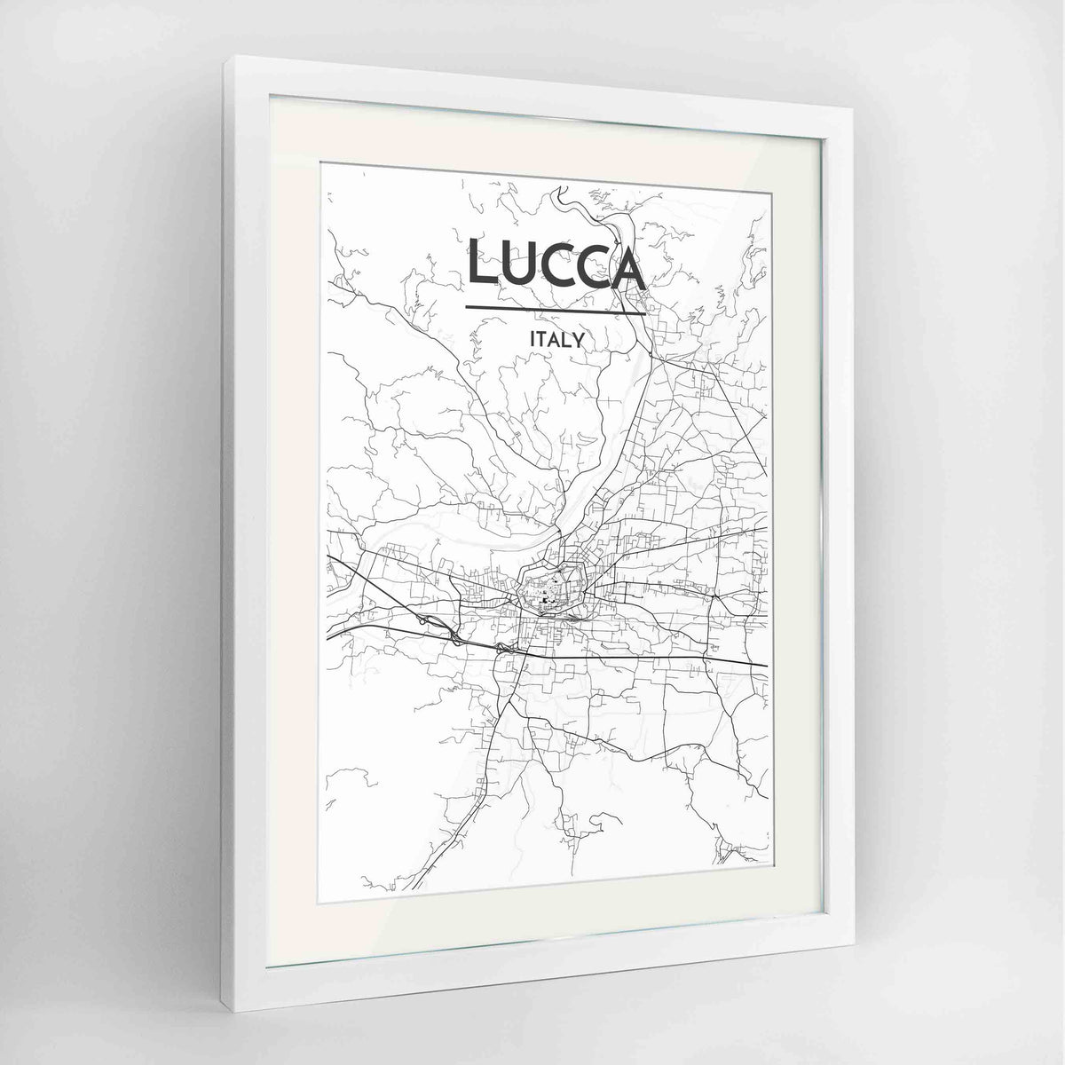 Framed Lucca Map Art Print 24x36&quot; Contemporary White frame Point Two Design Group