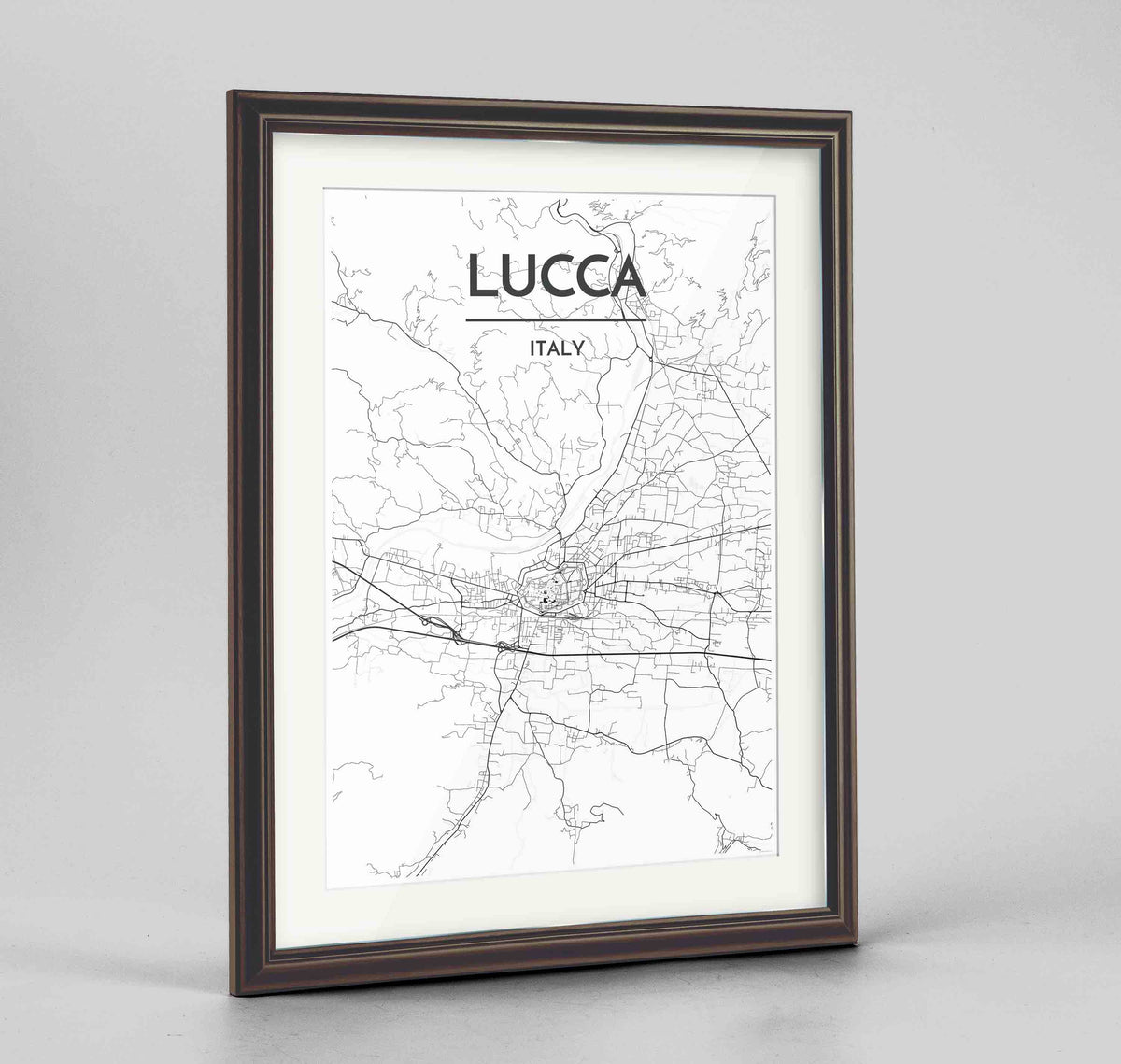 Framed Lucca Map Art Print 24x36&quot; Traditional Walnut frame Point Two Design Group