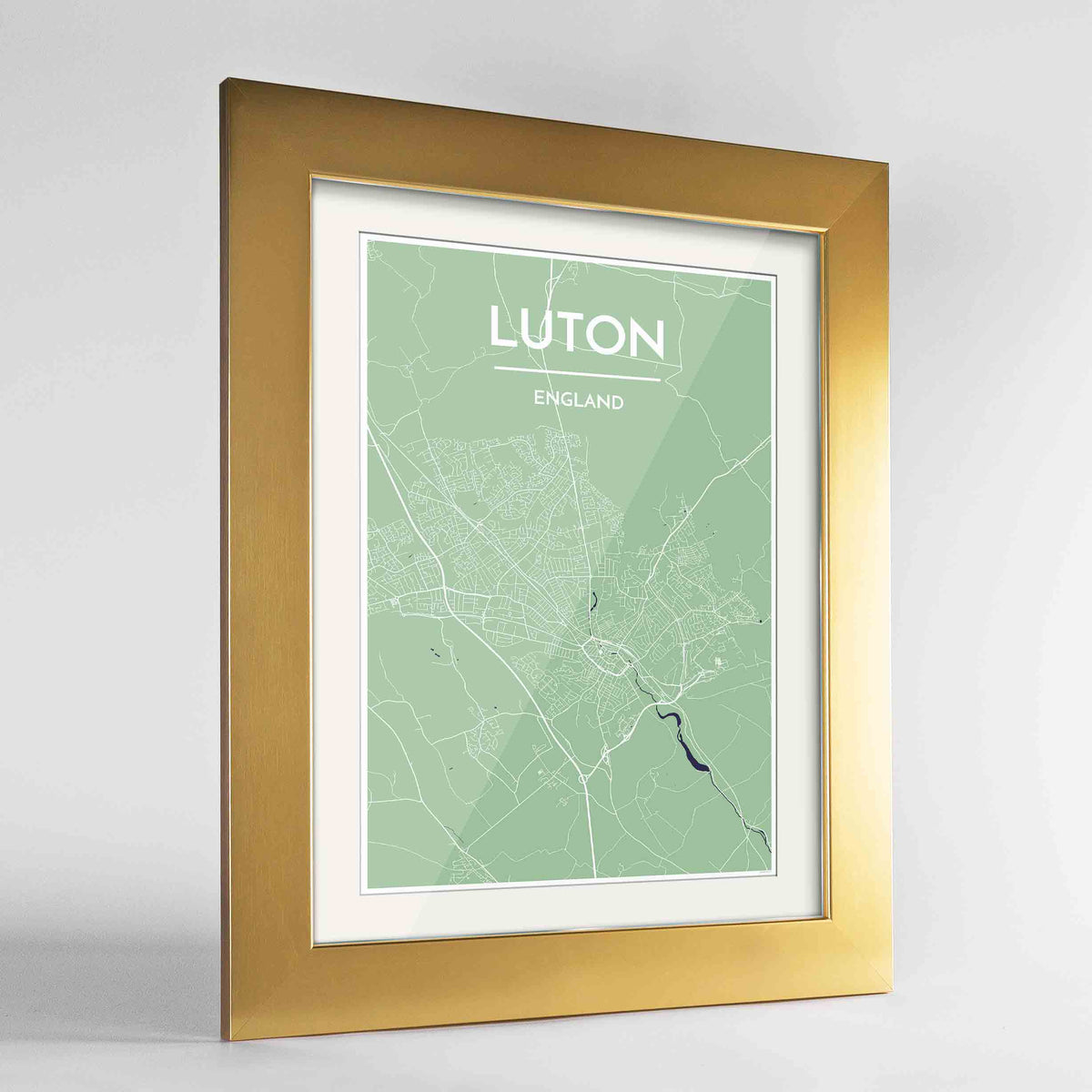 Framed Luton Map Art Print 24x36&quot; Gold frame Point Two Design Group