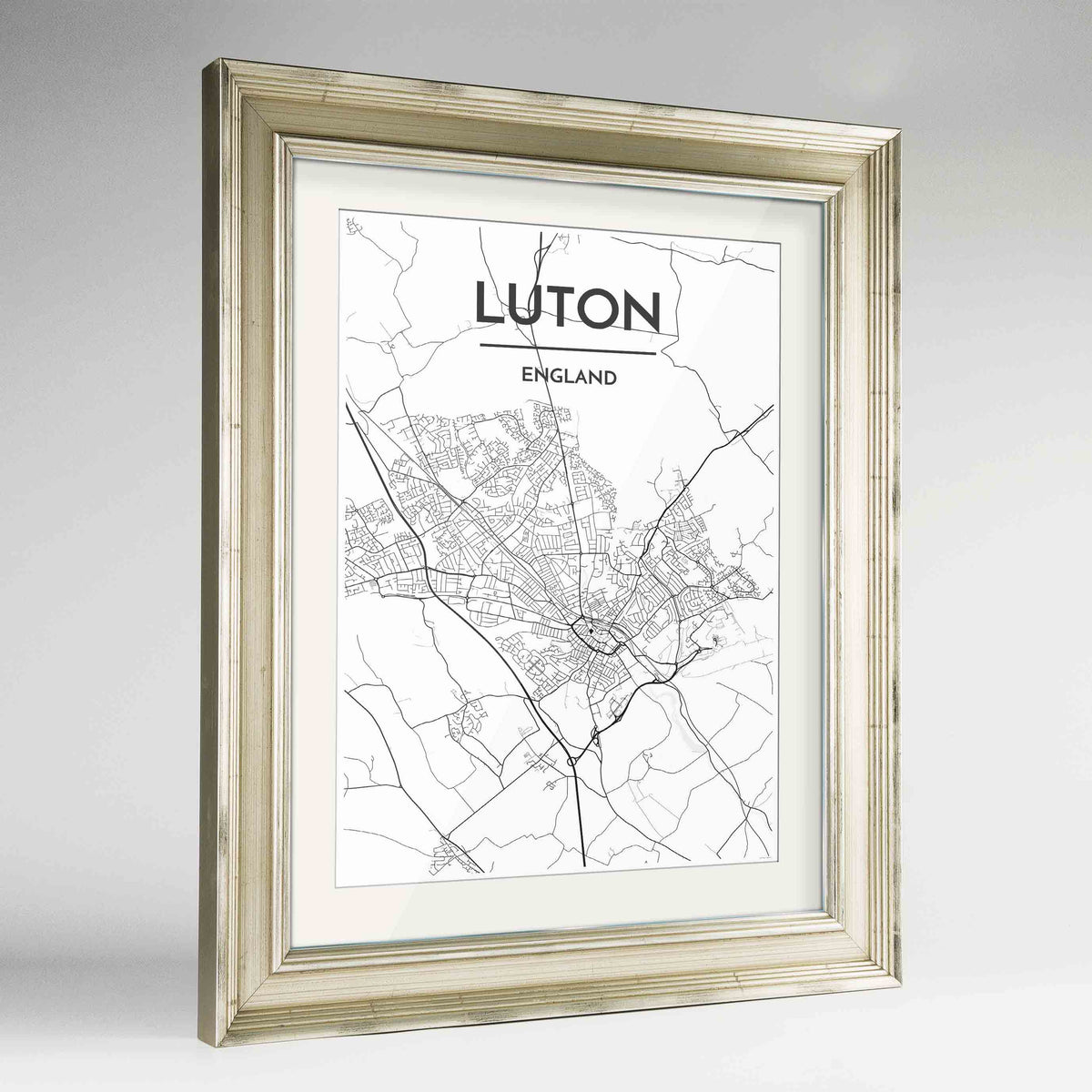 Framed Luton Map Art Print 24x36&quot; Champagne frame Point Two Design Group