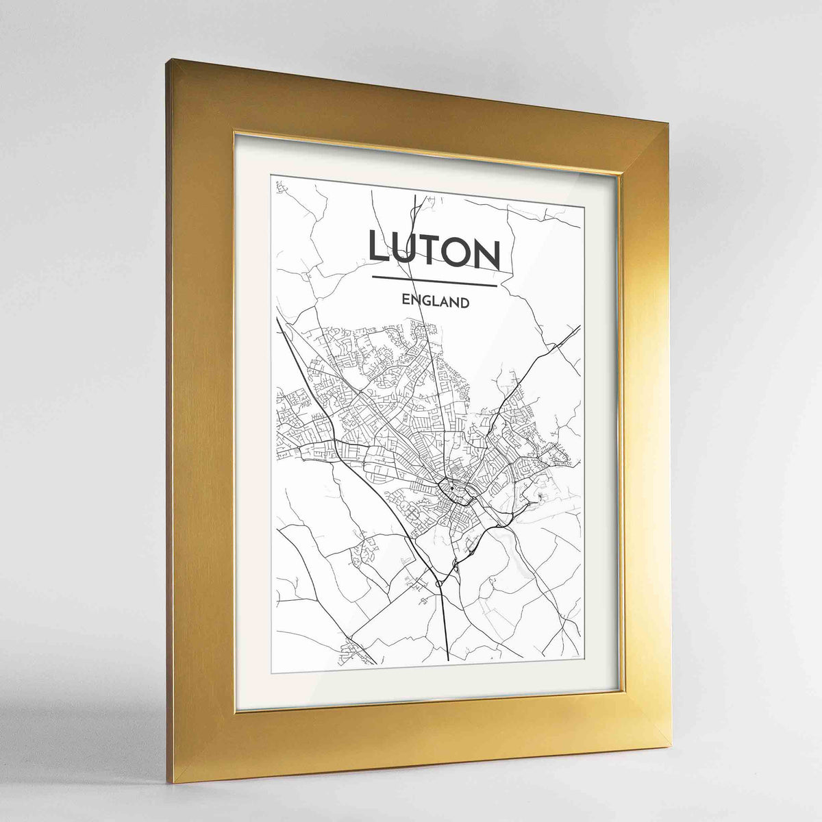Framed Luton Map Art Print 24x36&quot; Gold frame Point Two Design Group