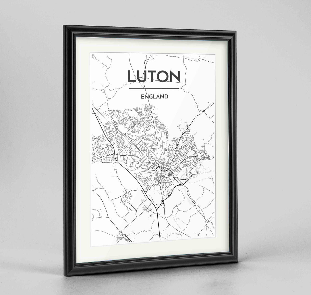 Framed Luton Map Art Print 24x36&quot; Traditional Black frame Point Two Design Group