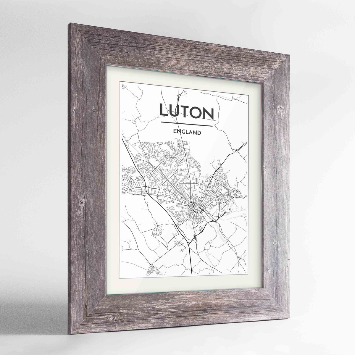 Framed Luton Map Art Print 24x36&quot; Western Grey frame Point Two Design Group