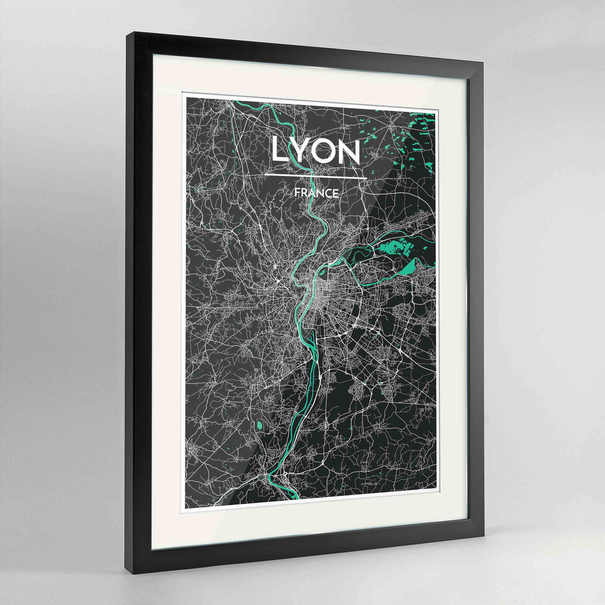 Framed Lyon Map Art Print 24x36&quot; Contemporary Black frame Point Two Design Group