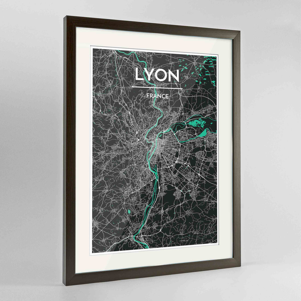 Framed Lyon Map Art Print 24x36&quot; Contemporary Walnut frame Point Two Design Group